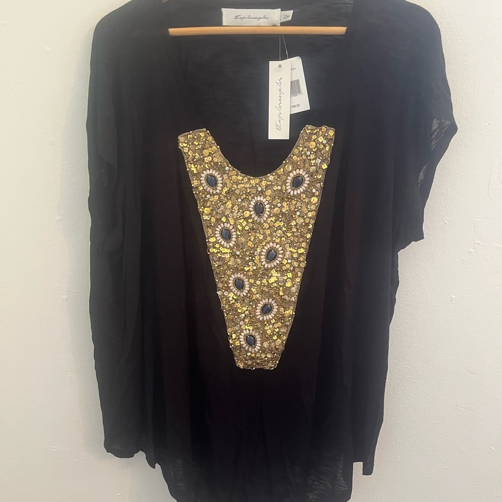 T-Bags Black and Gold Embellished Short Sleeve Blouse